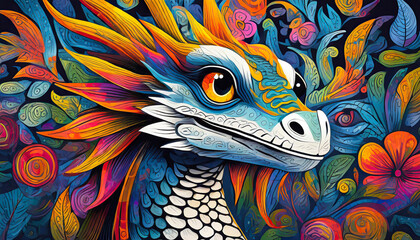 dragon bright colorful and vibrant poster illustration - obrazy, fototapety, plakaty