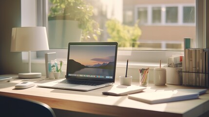 Stylish Office Room With Laptop Setup