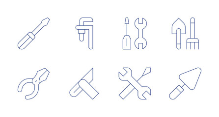 Tools icons. Editable stroke. Containing adjustable wrench, sliding, repair tools, tools, shovel, spatula, screwdriver, pliers.