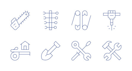 Tools icons. Editable stroke. Containing chainsaw, measuring tape, wrenches, shovel, construction and tools, tools, jackhammer, working.