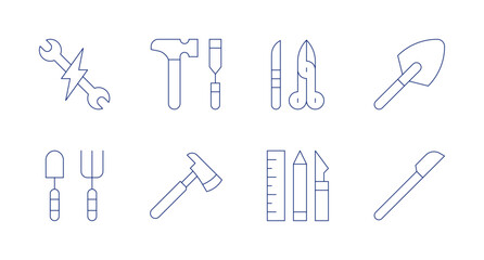 Tools icons. Editable stroke. Containing electrician, shovel, hammer, axe, surgery tools, design tools, scalpel.