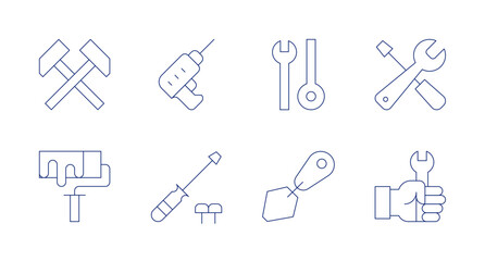 Tools icons. Editable stroke. Containing crossed hammers, paint roller, drill, screw driver, tools, tool, settings, wrench.