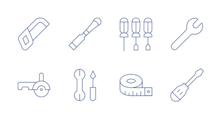 Tools icons. Editable stroke. Containing hacksaw, circular saw, tool, set, measuring tape, screwdriver, wrench.