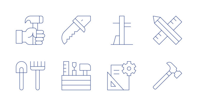 Tools icons. Editable stroke. Containing hammer, shovel, knife, toolkit, tools and utensils, tools, sketch.