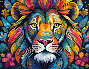 lion bright colorful and vibrant poster illustration