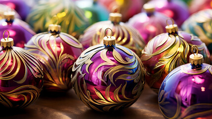 retro style glass christmas baubles pattern in vibrant pink, grass green, purple and gold colors,...