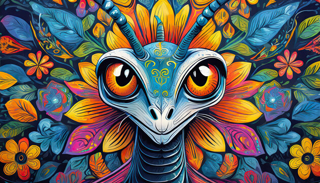 mantis bright colorful and vibrant poster illustration