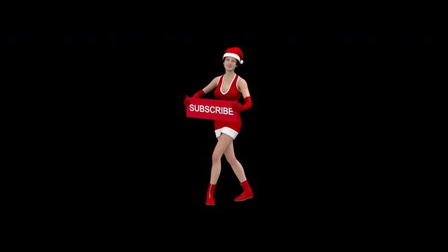 Santa woman with subscribe poster – 3d render with alpha channel.