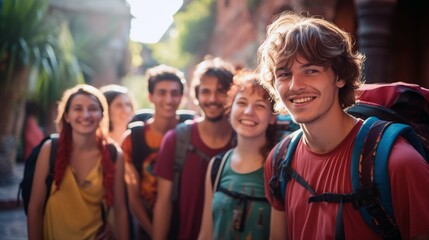 a group of young travelers standing next to each other