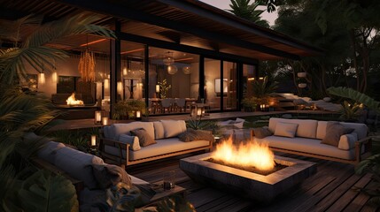 Fototapeta premium Wooden veranda with a fireplace in the evening. Wood terrace with a campfire. Luxury home exterior design. 