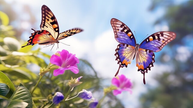 Close up of two colorful butterflies on flowers