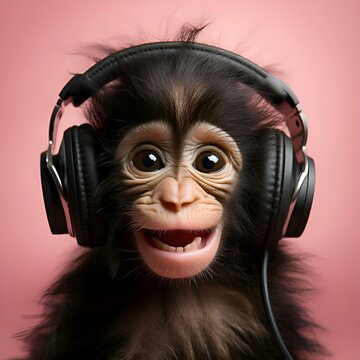 Cute and happy little monkey in headphones looks into the frame on a pink background: music, fun, playlist, hit parade, music chart, music album, international music day (AI)