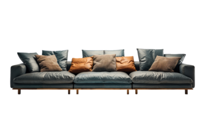 Modern grey sofa with stylish orange accent cushions on a transparent background.
