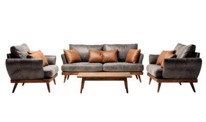 Modern grey sofas with stylish brown accent cushions with a coffee table on a transparent background.