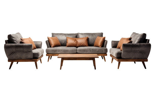 Modern grey sofas with stylish brown accent cushions with a coffee table on a transparent background.