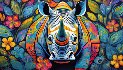 rhino bright colorful and vibrant poster illustration