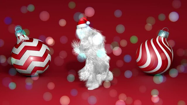 Merry Christmas and Happy New Year animation. Funny hairy white monster man character dancing. Furry beast having dancing, fur bright funny fluffy character, snowman, seamless motion design.