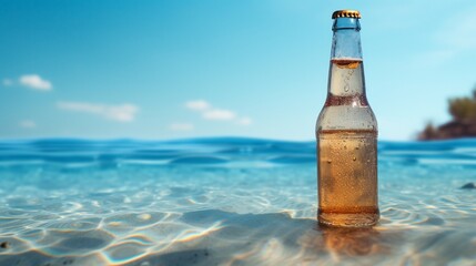Wet bottle of beer on watter pool in the summer day