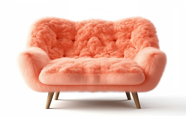 Coral fluffy sofa isolated on white. Modern coral furry sofa on wooden legs on white background