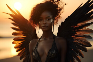 Portrait of a beautiful black angel woman at the beach at sunset - obrazy, fototapety, plakaty