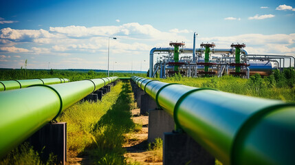 Green hydrogen energy pipeline of green color with industry facility