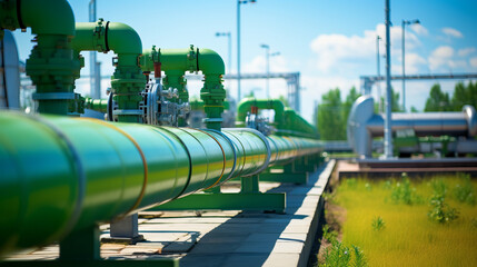Green hydrogen energy pipeline of green color with industry facility