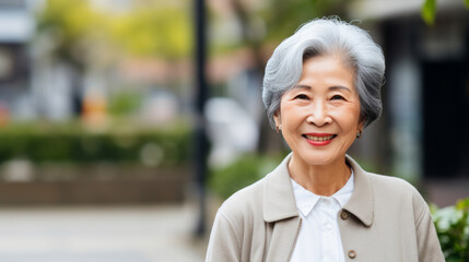 Portrait of an happy elderly asian lady outdoors in street with copy space - obrazy, fototapety, plakaty