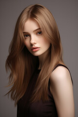 Fototapeta premium Beautiful young woman model with layered straight hairstyle , emphasizing the playful straight and the adaptability of the straight hair