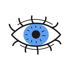 Blue eye with eyelashes vector illustration. Sight and vision symbol. Modern icon in cartoon doodle style on white background