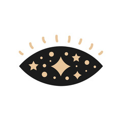 Mystical eye with stars. Hand drawn magical oracle symbol with sparkles. Esoteric, oocult sign. Vector illustration on white background.