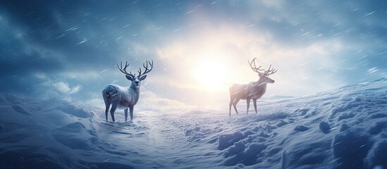 Calm winter deer, crossing a snow-covered landscape under a clear sky.