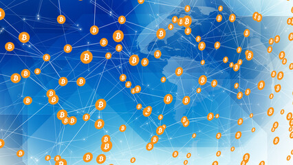 Currency symbol on bitcoin globe octagons virtual backdrop for global digital market trend and trading strategy with crypto news, investment fund, futures, and infographic