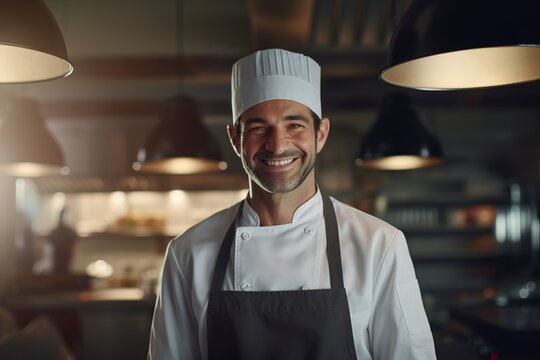 man chef in outfit smiling at work in a professional kitchen
