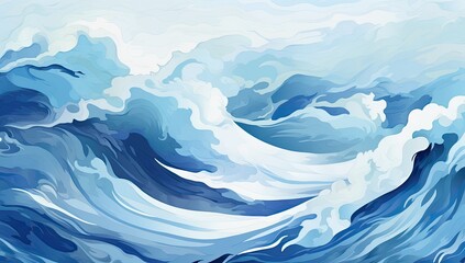 Abstract blue wavy ocean watercolor background.