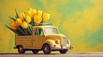 car with colorful tulips flowers on yellow background generated by AI tool