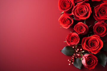 Valentines day background with red roses and hearts on dark brown background