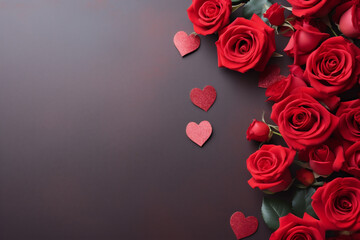 Valentines day background with red roses and hearts on dark brown background