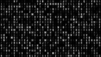 Letters on black dynamic, stylish alphabet pattern of unpredictable, contemporary typography texture and abstract text composition, creating visual communication of artistic chaos