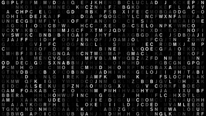 Letters pattern on black background random communication of letters texture, abstract text, and creative chaos in artistic composition of encrypted typography texture - obrazy, fototapety, plakaty