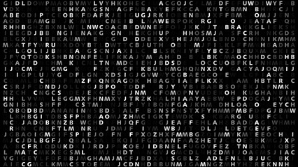 Texture of letters on black abstract communication in alphabet background with random characters and unpredictable patterns