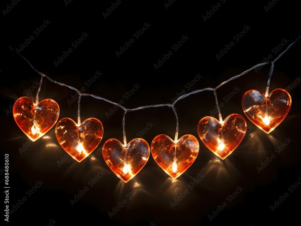 Poster a string of heart shaped lights on a black background. generative ai.