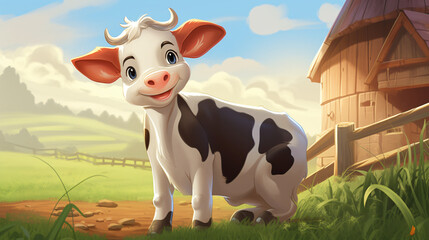 Cute Cartoon Steer on a Farm