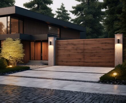 Modern house with wooden gate and lights. Generative AI.