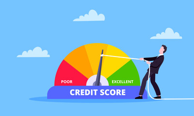 Man pushes credit score arrow gauge speedometer indicator with color levels. - obrazy, fototapety, plakaty