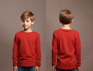 Front and back views of a little boy wearing a red long-sleeve T-shirt