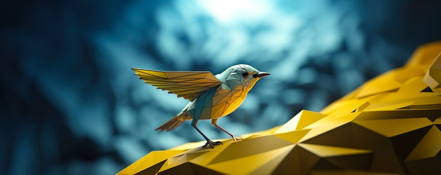 small virtual canary bird standing on low poly digital surface in metaverse concept banner 