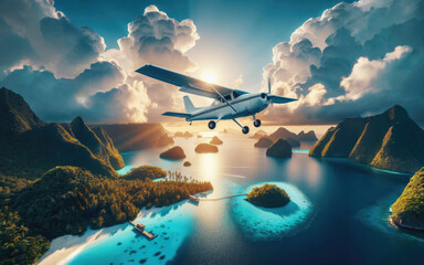 Light passenger aircraft with one propeller in the front flies over tropical islands in the morning - obrazy, fototapety, plakaty
