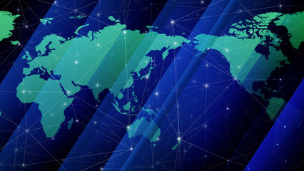 Technology background connected lines, rectangles, and dots on world map depict global communication and breaking news in news background