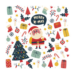 Simple Christmas background, golden geometric minimalist elements and icons. Happy new year banner. Xmas tree, snowflakes, decorations elements. Retro clean concept design - eps 10
