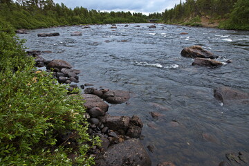 View of Kaamasjoki river at Kaamanen from Tuuruharju trail, Finland, Europe

